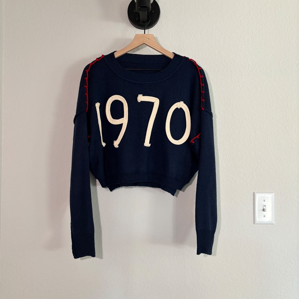 SHEIN Sweater 1970 Graphic Large Cropped Knit Navy Blue Retro Collegiate Indie